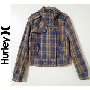 HURLEY Wool Blend Double Breasted Cropped Plaid Peacoat, Floral Lining, S
